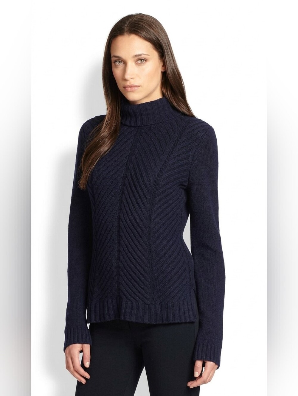 Vince Navy Yak Wool Turtleneck | Quiet Luxury Chevron Cable Knit Sweater | Large